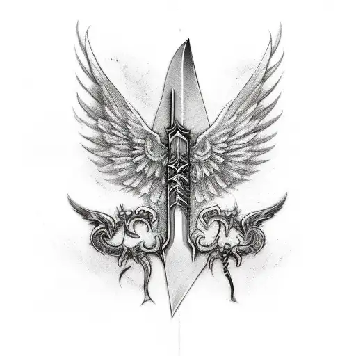 A spine tattoo, short sword with lines down the spine, some sort of wings coming out of the sides of the sword tattoo design idea