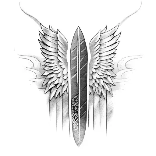 surfboard with angel wings tattoo design idea