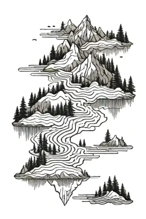 topography lines of lakes with forest scene tattoo design idea