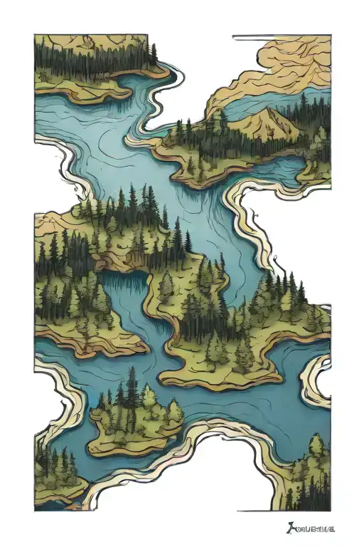 topography lines of lakes with forest scene tattoo design idea