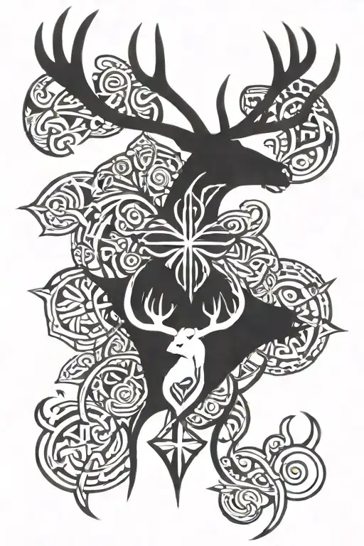 deer antlers and crosses mixed tattoo design idea