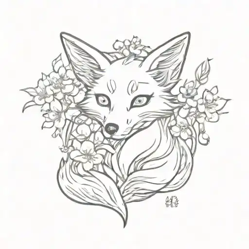 Kawaii Comic Kitsune With Cherry Blossom And Magic Sparkle Tattoo tattoo design idea