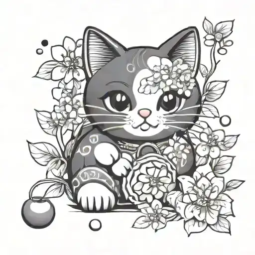 Kawaii comic lucky cat  with Cherry Blossom and magic sparkle tattoo design idea
