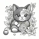 Kawaii comic lucky cat  with Cherry Blossom and magic sparkle tattoo design idea