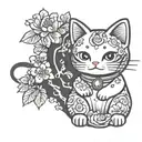 Kawaii comic lucky cat  with Cherry Blossom and magic sparkle tattoo design idea