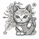 Kawaii comic lucky cat  with Cherry Blossom and magic sparkle tattoo design idea