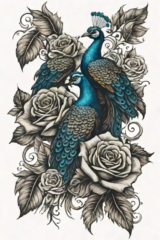 thorny roses intertwined with peacock and peacock feathers  tattoo design idea