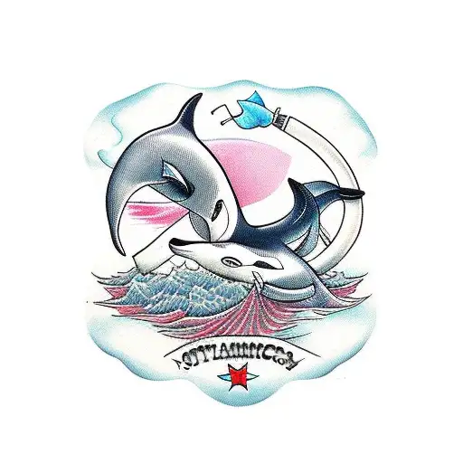 two orcas riding a bike  tattoo design idea