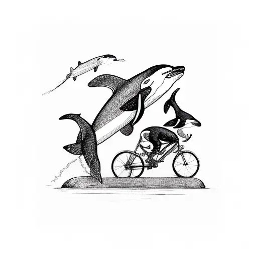 two orcas riding a bike  tattoo design idea