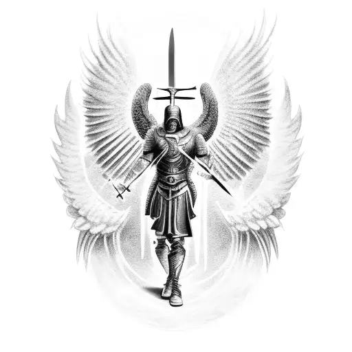 archangel micheal holdin a sword flying  tattoo design idea