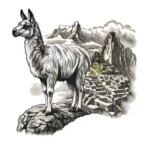 a llama on top of machu picchu mountains only tattoo design idea
