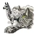 a llama on top of machu picchu mountains only tattoo design idea