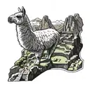 a llama on top of machu picchu mountains only tattoo design idea