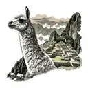 a llama on top of machu picchu mountains only tattoo design idea
