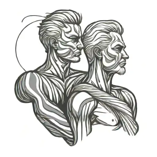 silhouette of son and father measuring shoulders and a candy. only lines and abstract tattoo design idea