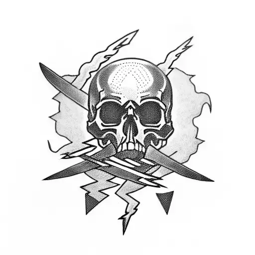 Blackwork "Skulls And Lightning Bolts Ww2 Style" Tattoo Idea BlackInk AI