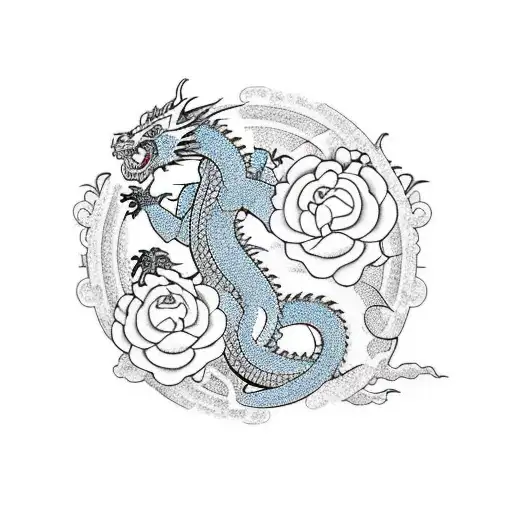 Japanese-style half-sleeve with dragon and several big roses tattoo design idea