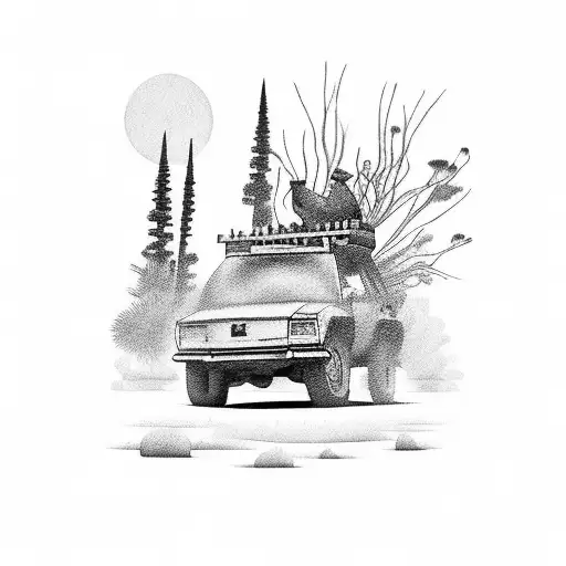 Create a tattoo of a 4 wheel driving adventure through the Australian Outback with a silhouette of a carpenter working in the background tattoo design idea