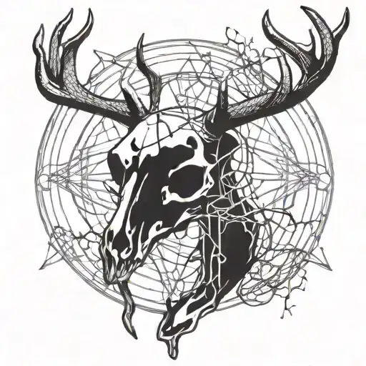 deer skull with two web of wyrd symbols in the background   tattoo design idea