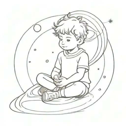 Little Prince sitting on the Saturn's rings with the solar system  tattoo design idea