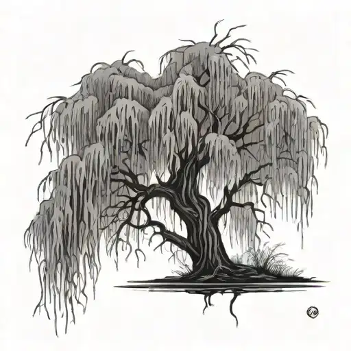 A dark and haunting tattoo of a weeping willow tree, reflecting the sadness and beauty of tears tattoo design idea