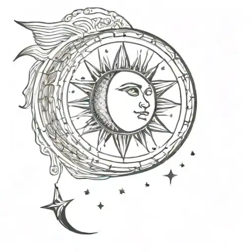 a crescent moon, placed in an arc on the left or right. In front of the moon, a radiant sun, with rays that gentl tattoo design idea