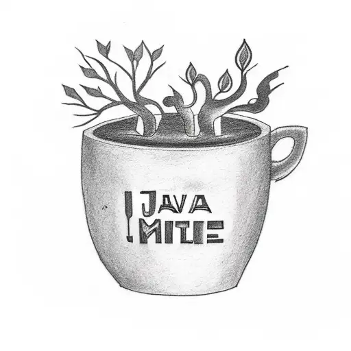A minimalist tattoo design of a tree growing from a Java coffee cup, with the initials of your children carved into the bark, symbolizing the growth and strength of your family tattoo design idea