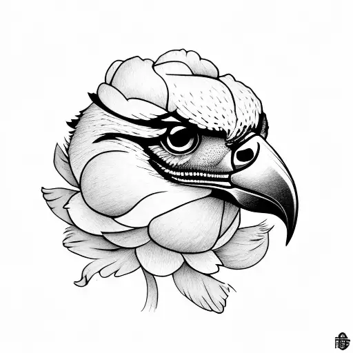 a falcon with a peony in its beak tattoo design idea