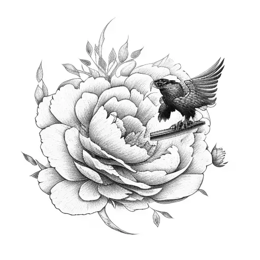 a falcon with a peony in its beak tattoo design idea