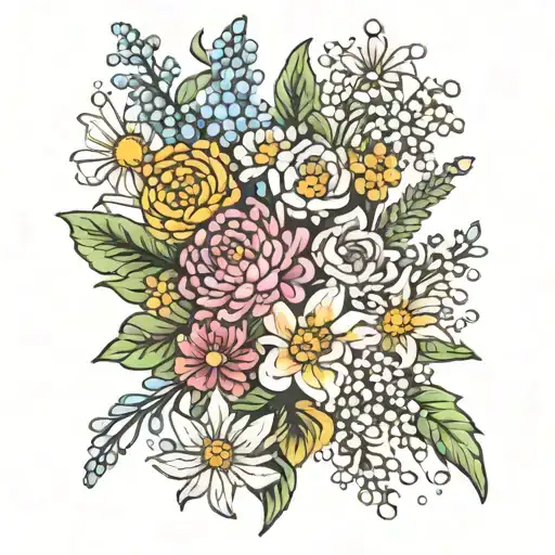 flower bouquet with chrysanthemum, daisies, aster, carnation and lily of the valley  tattoo design idea