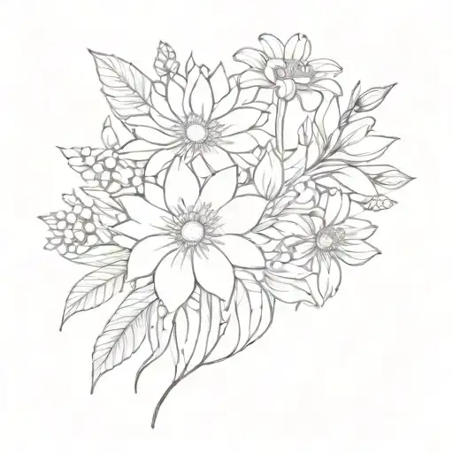 flower bouquet with chrysanthemum, daisies, aster, carnation and lily of the valley  tattoo design idea