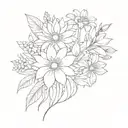 flower bouquet with chrysanthemum, daisies, aster, carnation and lily of the valley  tattoo design idea