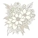 flower bouquet with chrysanthemum, daisies, aster, carnation and lily of the valley  tattoo design idea
