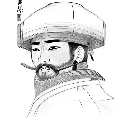 Ronin samurai warrior holding catana and wearing sensei hat tattoo design idea