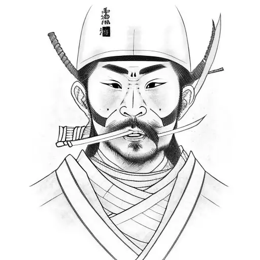 Ronin samurai warrior holding catana and wearing sensei hat tattoo design idea