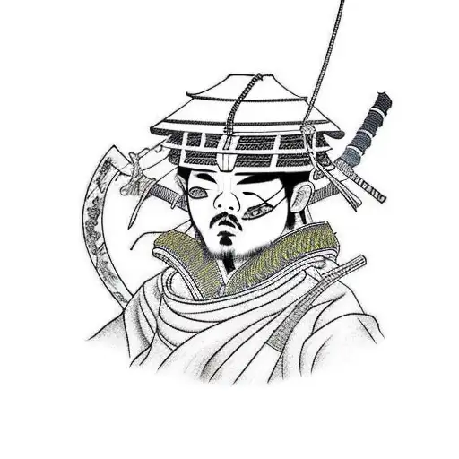 Ronin samurai warrior holding catana and wearing sensei hat tattoo design idea