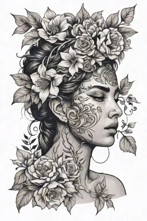 minimalistic flowers wrapped around woman's face, travel, Greek mythology tattoo design idea