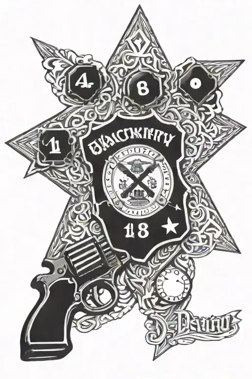 A detailed blackwork design of a deputy marshal badge intertwined with dominos and an 8 ball tattoo design idea