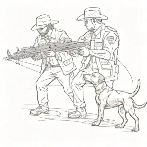 A silhouette of a deputy marshal aiming a rifle with a pitbull by his side tattoo design idea