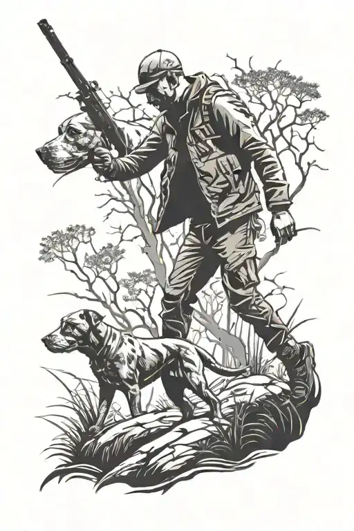 A father and son silhouette hunting together, with a pitbull leading the way tattoo design idea