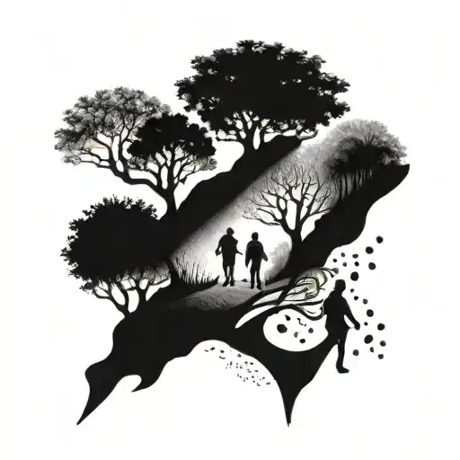 A tattoo design of a group of friends walking together on a path lined with trees, with musical symbols scattered throughout, symbolizing the bond between friends and the joy of long walks tattoo design idea