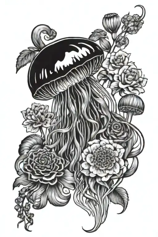 Jelly fish and flowers growing tattoo design idea