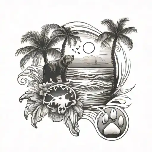 sun, wave, palm tree, CA bear, dog paw, hearts tattoo design idea