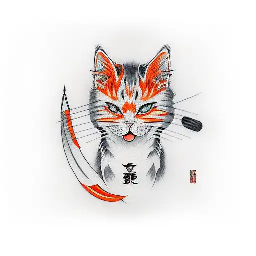 neo japanese with orange cat and katana tattoo design idea
