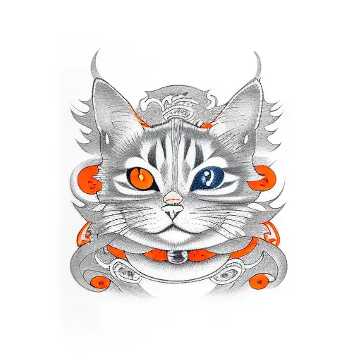 orange cat and katana tattoo design idea