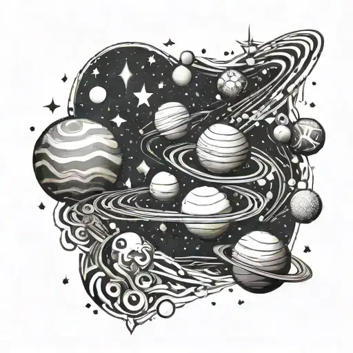 A cosmic design featuring planets and stars forming musical notes and study materials tattoo design idea