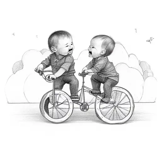 Design a portrait of Caiden and Sawyer as young children, riding on a tandem bicycle together, capturing the joy and innocence of childhood tattoo design idea