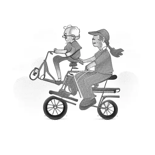 Illustrate a scene of a grandfather teaching his grandchildren how to ride a bike, with the words 'Grandpa's Love' incorporated in a banner above them tattoo design idea
