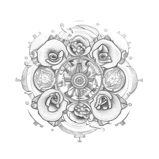 Incorporate a detailed bicycle wheel with intricate gears and chains, surrounded by a wreath of flowers and leaves, symbolizing the cycle of life and growth tattoo design idea