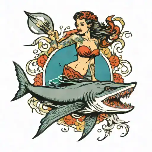 mermaid kills shark swimming tattoo design idea